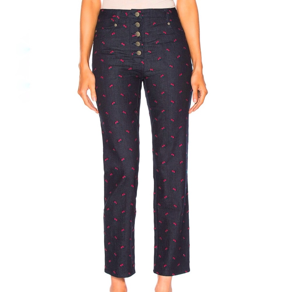 miaou junior pant red rose embroidered blue denim jeans high rise petite sizing